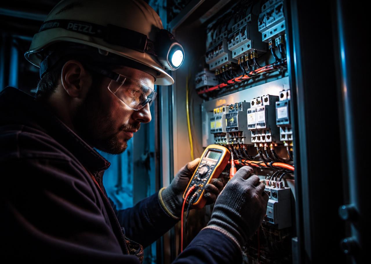Electrician testing an industrial panel with a multimeter