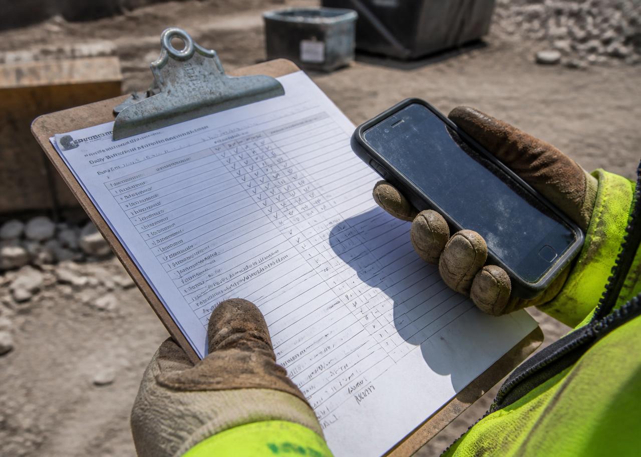 Gloved hands holding a clipboard and phone on a dusty jobsite