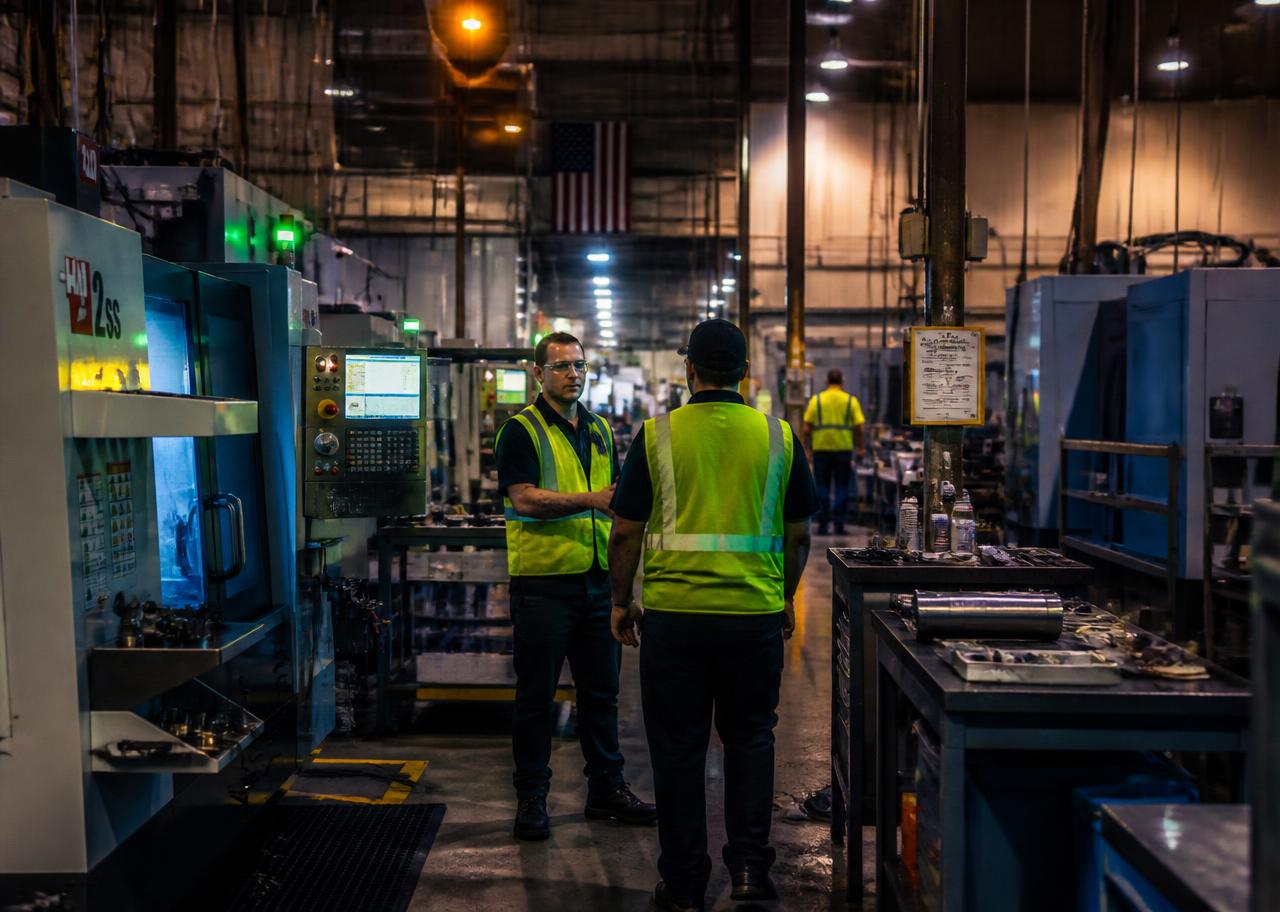 Night shift factory floor handoff between two workers in hi-vis